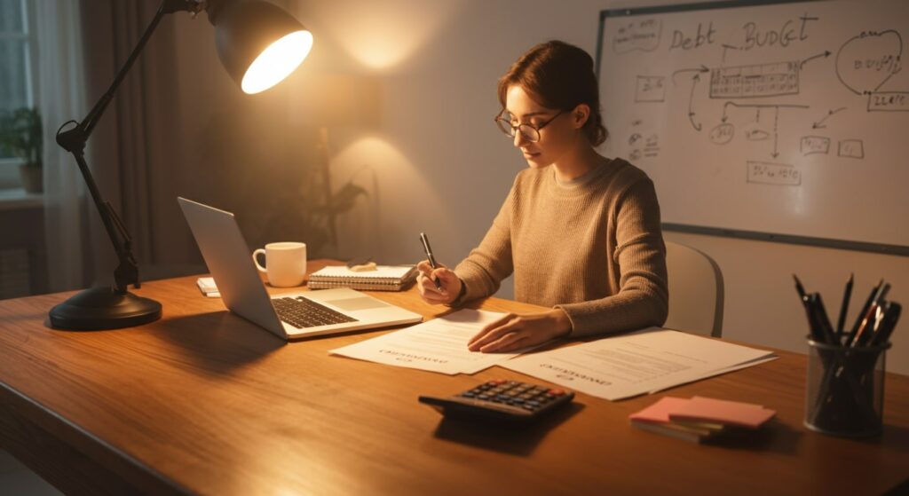 Pessoa organizando suas finanças em casa, analisando dívidas e criando um planejamento financeiro para sair do endividamento.