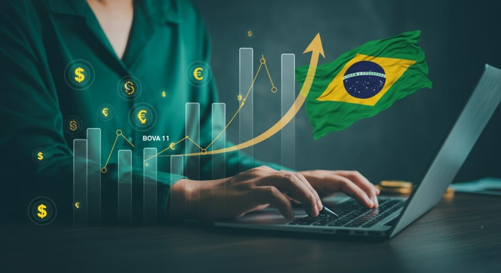 Como investir em ETFs na Bolsa de Valores B3: ilustração de investidor comprando ETFs com gráfico e símbolos da B3