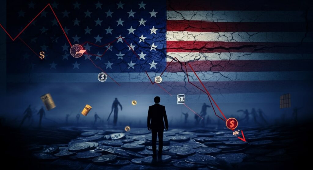Crash mercado em 2025: ilustração de gráfico de ações caindo com Trump, tarifas e ícones de dólar, petróleo e Bitcoin.